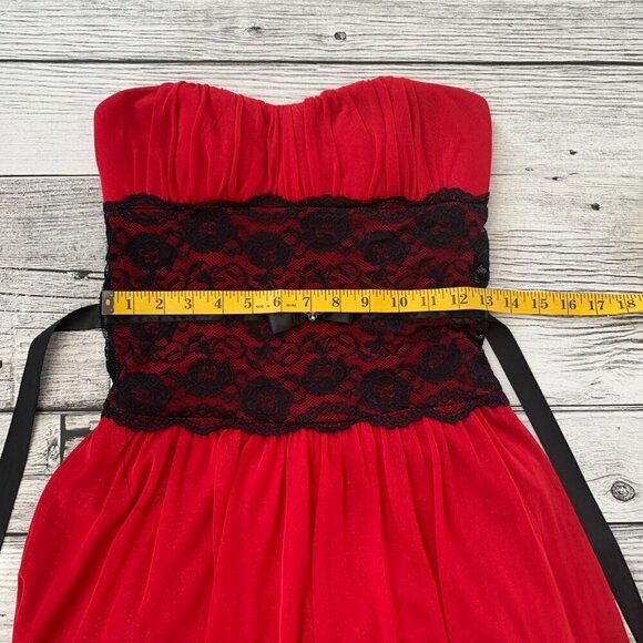 Vintage Y2K Red Sheer Black Lace Corset Strapless Babydoll Dress - Picture 15 of 16